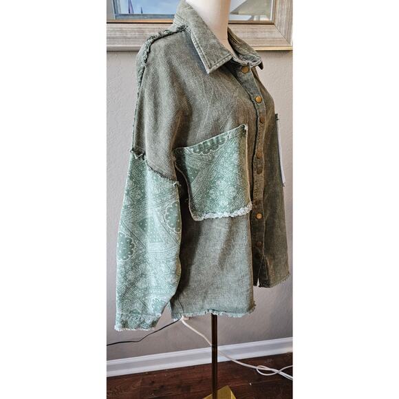 Oli and Hali Green Patchwork Jacket Women's Shacket Sz S Mixed Fabric Snap Front - Picture 2 of 4